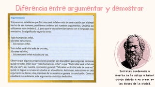 Diferencia entre argumentar y demostrar
Socrates condenado a
muerte se le obligo a beber
cicuta debido a no creer en
los dioses de la ciudad.
 