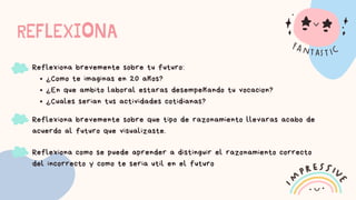 REFLEXIONA
¿Como te imaginas en 20 años?
¿En que ambito laboral estaras desempeñando tu vocacion?
¿Cuales serian tus actividades cotidianas?
Reflexiona brevemente sobre tu futuro:
Reflexiona brevemente sobre que tipo de razonamiento llevaras acabo de
acuerdo al futuro que visualizaste.
Reflexiona como se puede aprender a distinguir el razonamiento correcto
del incorrecto y como te seria util en el futuro
 