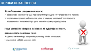СТРОКИ ОСКАРЖЕННЯ
Якщо Замовник оскаржив висновок:
 обов’язково зазначати в ЕСЗ про відкриття провадження у справі за його позовом
 протягом наступного робочого дня з дня отримання інформації про відкриття
провадження повідомити про це та зазначити номер провадження
Якщо Замовник оскаржив висновок, то аудитори не мають
права скласти протокол, поки:
➢адміністративний суд не прийме рішення у справі за позовом
➢рішення не набере законної сили
 