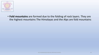 • Fold mountains are formed due to the folding of rock layers. They are
the highest mountains The Himalayas and the Alps are fold mountains
M.V.HERWADKAR ENGLISH MEDIUM SCHOOL 18
 