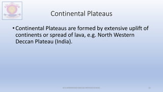 Continental Plateaus
• Continental Plateaus are formed by extensive uplift of
continents or spread of lava, e.g. North Western
Deccan Plateau (India).
M.V.HERWADKAR ENGLISH MEDIUM SCHOOL 31
 