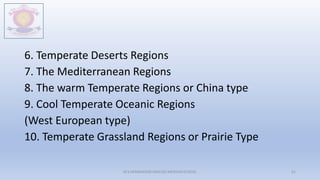 6. Temperate Deserts Regions
7. The Mediterranean Regions
8. The warm Temperate Regions or China type
9. Cool Temperate Oceanic Regions
(West European type)
10. Temperate Grassland Regions or Prairie Type
M.V.HERWADKAR ENGLISH MEDIUM SCHOOL 61
 