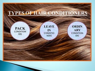 TYPES OF HAIR CONDITIONERS
PACK
CONDITION
ERS
LEAVE
IN
CONDITIO
NERS
ORDIN
ARY
CONDITION
ERS
 
