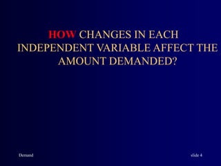 Demand slide 4
HOW CHANGES IN EACH
INDEPENDENT VARIABLE AFFECT THE
AMOUNT DEMANDED?
 