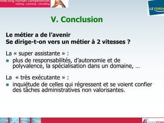 V. Conclusion
Le métier a de l’avenir
Se dirige-t-on vers un métier à 2 vitesses ?
La « super assistante » :
plus de responsabilités, d’autonomie et de
polyvalence, la spécialisation dans un domaine, …
La « très exécutante » :
inquiétude de celles qui régressent et se voient confier
des tâches administratives non valorisantes.
 