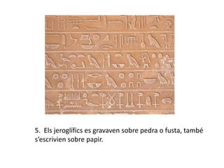 5. Els jeroglífics es gravaven sobre pedra o fusta, també
s’escrivien sobre papir.
 