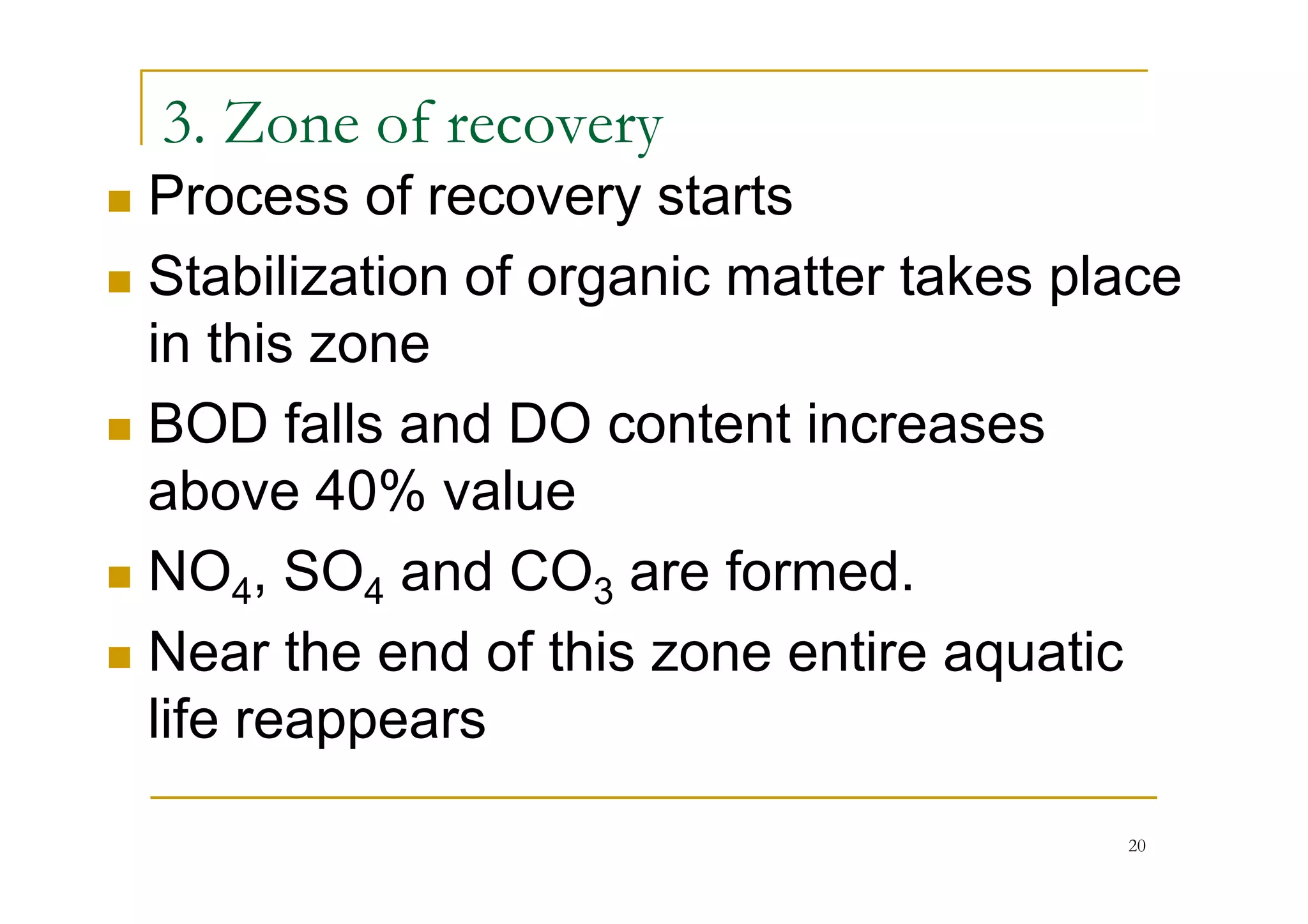 3. Zone of recovery
Process of recovery starts
Stabilization of organic matter takes place
in this zone
BOD falls and DO content increases
above 40% valueabove 40% value
NO4, SO4 and CO3 are formed.
Near the end of this zone entire aquatic
life reappears
20
 