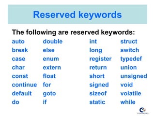 Reserved keywords
The following are reserved keywords:
auto double int struct
break else long switch
case enum register typedef
char extern return union
const float short unsigned
continue for signed void
default goto sizeof volatile
do if static while
 