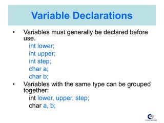 Variable Declarations
• Variables must generally be declared before
use.
int lower;
int upper;
int step;
char a;
char b;
• Variables with the same type can be grouped
together:
int lower, upper, step;
char a, b;
 