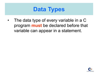 Data Types
• The data type of every variable in a C
program must be declared before that
variable can appear in a statement.
 