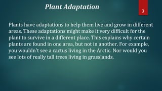 Plant Adaptation
Plants have adaptations to help them live and grow in different
areas. These adaptations might make it very difficult for the
plant to survive in a different place. This explains why certain
plants are found in one area, but not in another. For example,
you wouldn't see a cactus living in the Arctic. Nor would you
see lots of really tall trees living in grasslands.
3
 