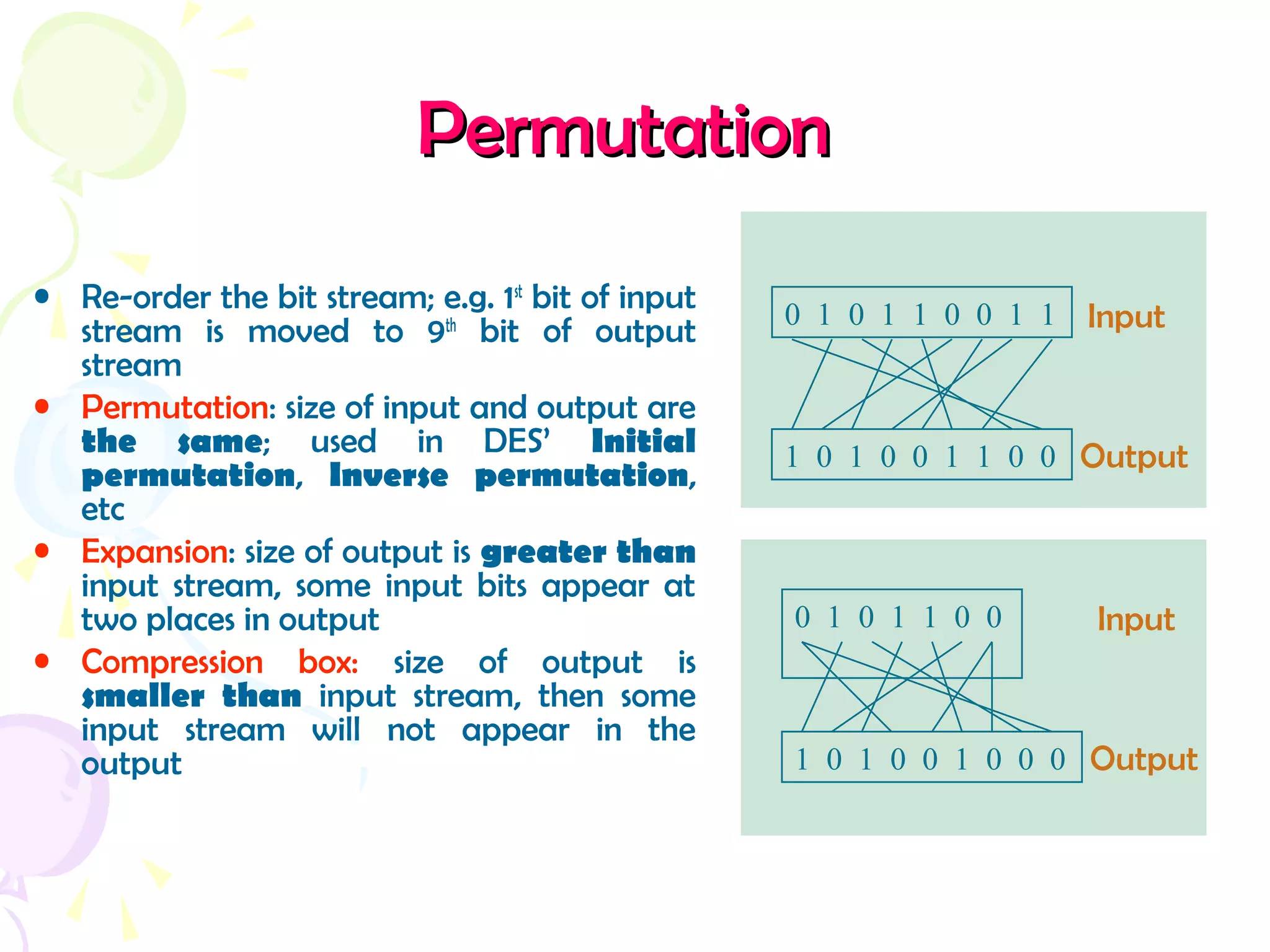 PermutationPermutation
• Re-order the bit stream; e.g. 1st
bit of input
stream is moved to 9th
bit of output
stream
• Permutation: size of input and output are
the same; used in DES’ Initial
permutation, Inverse permutation,
etc
• Expansion: size of output is greater than
input stream, some input bits appear at
two places in output
• Compression box: size of output is
smaller than input stream, then some
input stream will not appear in the
output
0 1 0 1 1 0 0 1 1 Input
1 0 1 0 0 1 1 0 0 Output
0 1 0 1 1 0 0 Input
1 0 1 0 0 1 0 0 0 Output
 