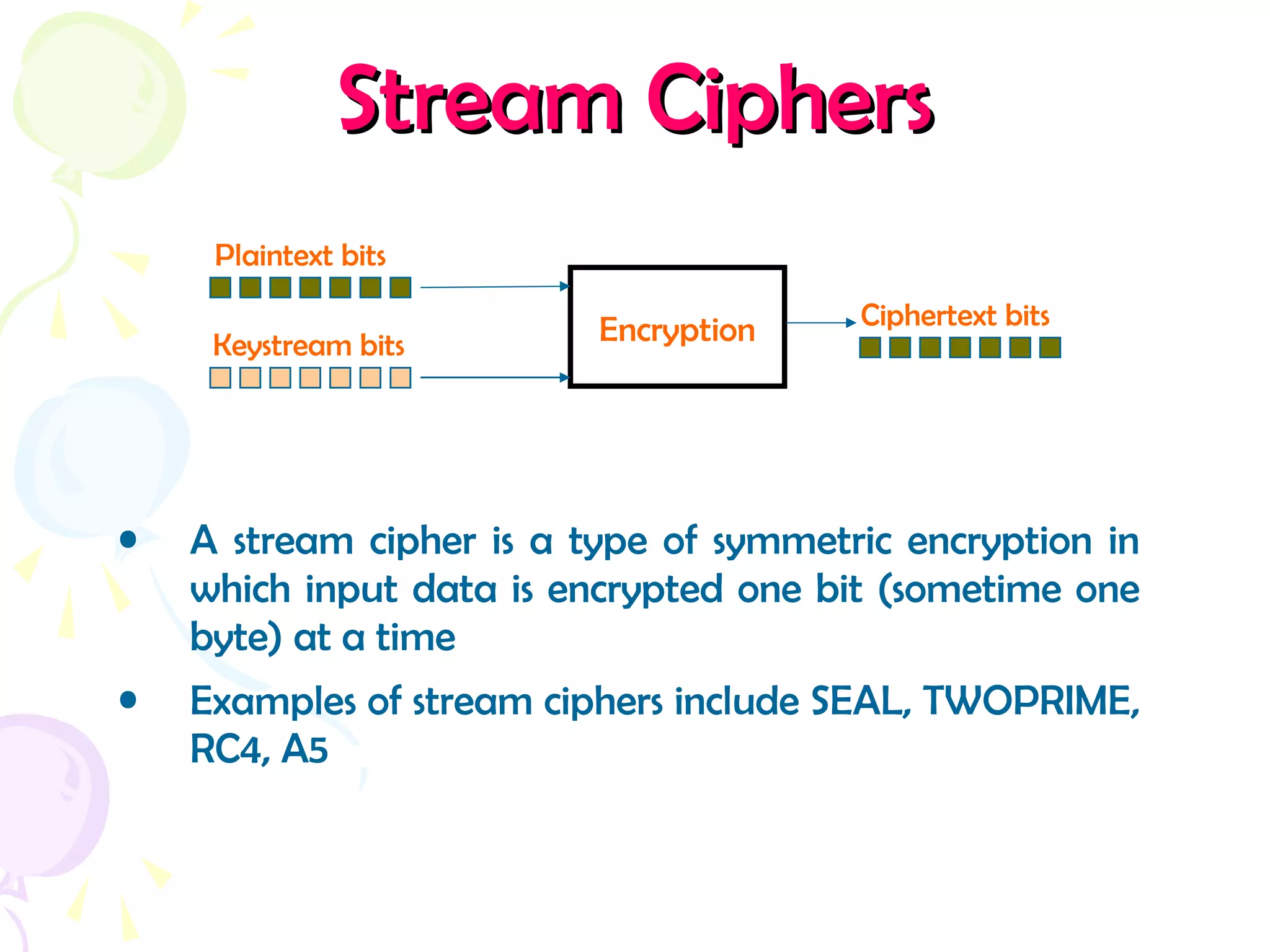 Stream CiphersStream Ciphers
• A stream cipher is a type of symmetric encryption in
which input data is encrypted one bit (sometime one
byte) at a time
• Examples of stream ciphers include SEAL, TWOPRIME,
RC4, A5
Encryption
Plaintext bits
Ciphertext bits
Keystream bits
 