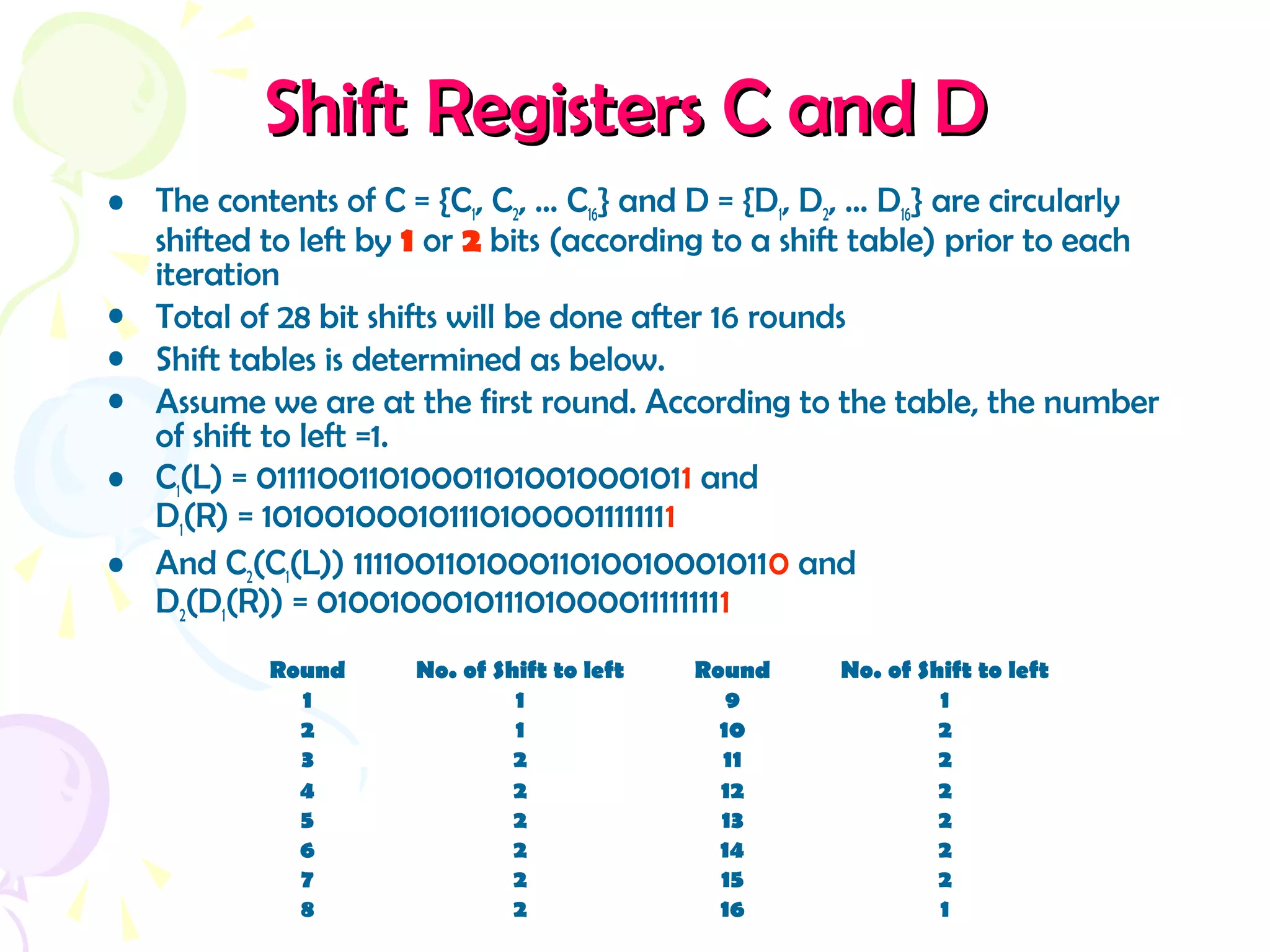 Shift Registers C and DShift Registers C and D
• The contents of C = {C1, C2, … C16} and D = {D1, D2, … D16} are circularly
shifted to left by 1 or 2 bits (according to a shift table) prior to each
iteration
• Total of 28 bit shifts will be done after 16 rounds
• Shift tables is determined as below.
• Assume we are at the first round. According to the table, the number
of shift to left =1.
• C1(L) = 0111100110100011010010001011 and
D1(R) = 1010010001011101000011111111
• And C2(C1(L)) 1111001101000110100100010110 and
D2(D1(R)) = 0100100010111010000111111111
Round No. of Shift to left Round No. of Shift to left
1 1 9 1
2 1 10 2
3 2 11 2
4 2 12 2
5 2 13 2
6 2 14 2
7 2 15 2
8 2 16 1
 