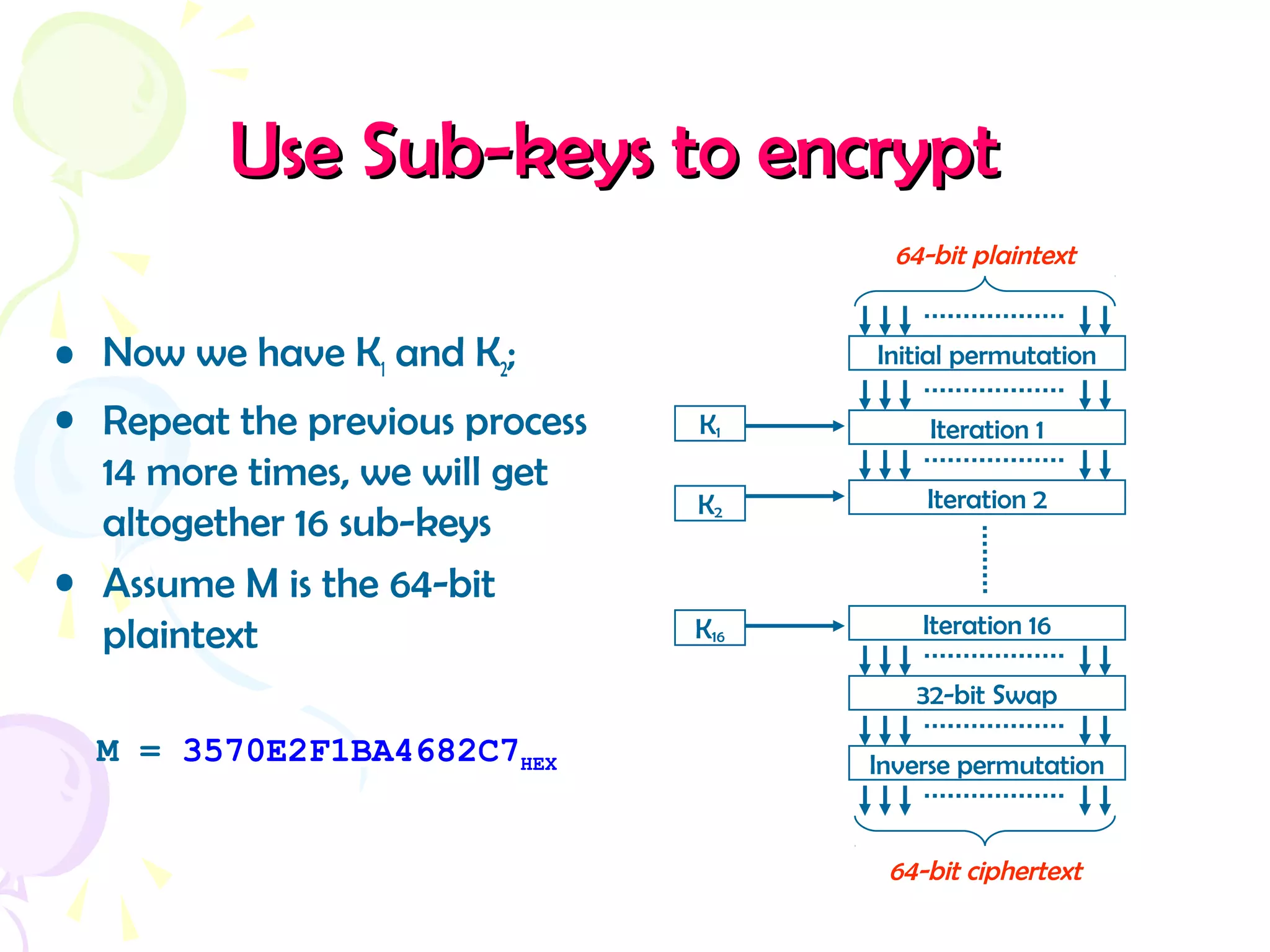 Use Sub-keys to encryptUse Sub-keys to encrypt
• Now we have K1 and K2;
• Repeat the previous process
14 more times, we will get
altogether 16 sub-keys
• Assume M is the 64-bit
plaintext
Initial permutation
64-bit plaintext
Iteration 1
Iteration 2
K1
Iteration 16
32-bit Swap
Inverse permutation
64-bit ciphertext
K2
K16
M = 3570E2F1BA4682C7HEX
 