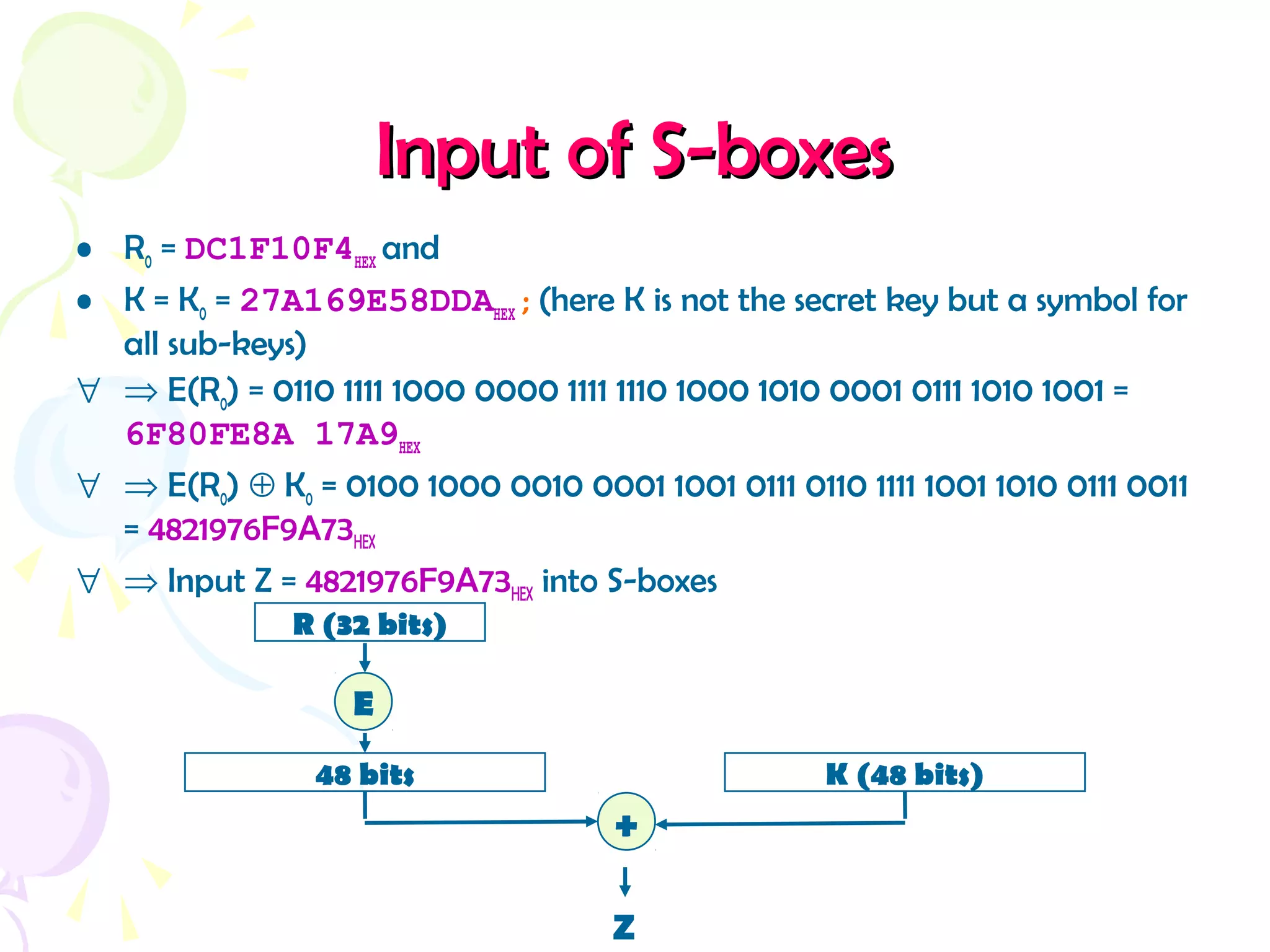 Input of S-boxesInput of S-boxes
• R0 = DC1F10F4HEX and
• K = K0 = 27A169E58DDAHEX ; (here K is not the secret key but a symbol for
all sub-keys)
∀ ⇒ E(R0) = 0110 1111 1000 0000 1111 1110 1000 1010 0001 0111 1010 1001 =
6F80FE8A 17A9HEX
∀ ⇒ E(R0) ⊕ K0 = 0100 1000 0010 0001 1001 0111 0110 1111 1001 1010 0111 0011
= 4821976F9A73HEX
∀ ⇒ Input Z = 4821976F9A73HEX into S-boxes
R (32 bits)
E
48 bits K (48 bits)
+
Z
 