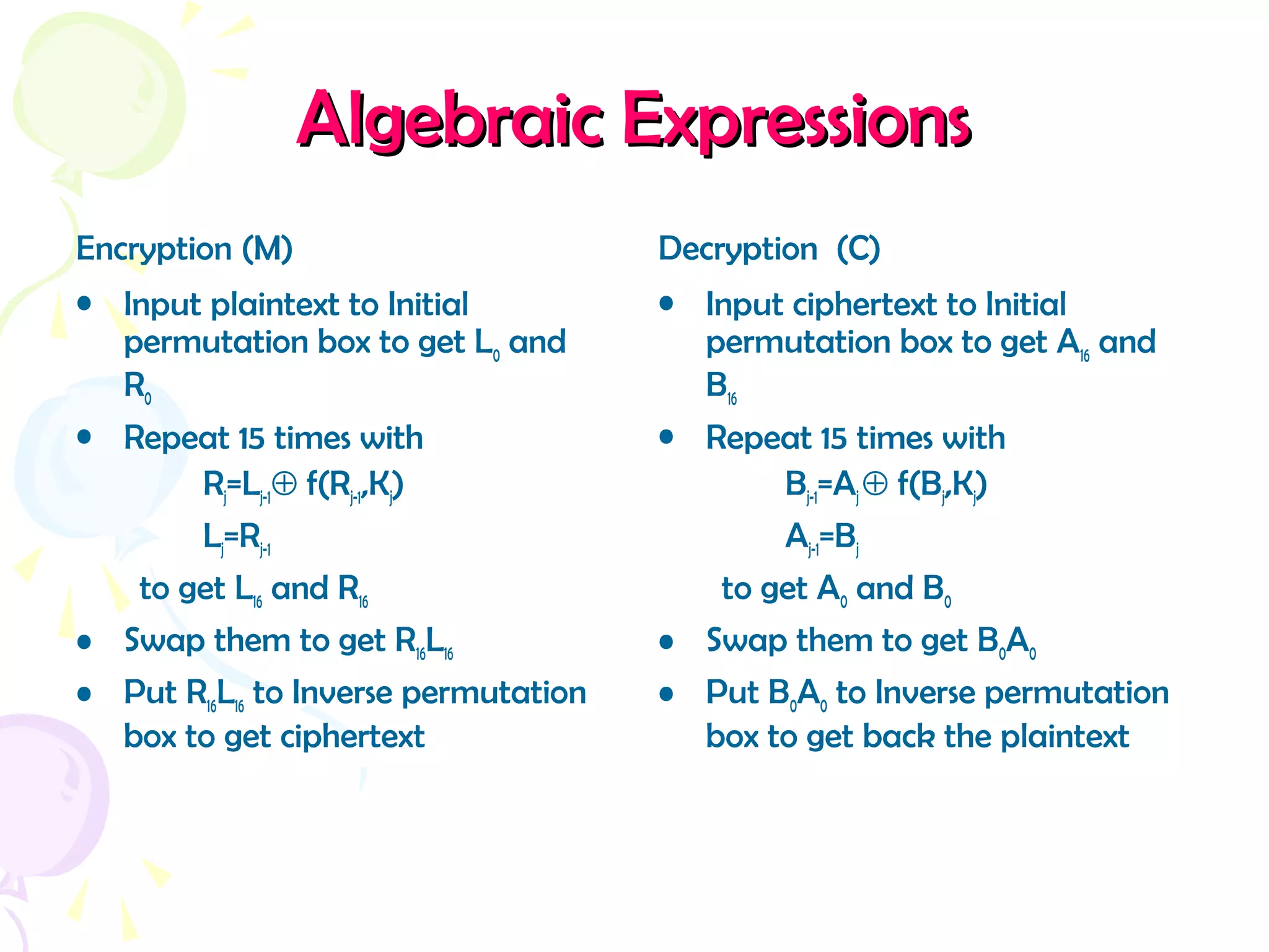 Algebraic ExpressionsAlgebraic Expressions
Encryption (M)
• Input plaintext to Initial
permutation box to get L0 and
R0
• Repeat 15 times with
Rj=Lj-1⊕ f(Rj-1,Kj)
Lj=Rj-1
to get L16 and R16
• Swap them to get R16L16
• Put R16L16 to Inverse permutation
box to get ciphertext
Decryption (C)
• Input ciphertext to Initial
permutation box to get A16 and
B16
• Repeat 15 times with
Bj-1=Aj⊕ f(Bj,Kj)
Aj-1=Bj
to get A0 and B0
• Swap them to get B0A0
• Put B0A0 to Inverse permutation
box to get back the plaintext
 