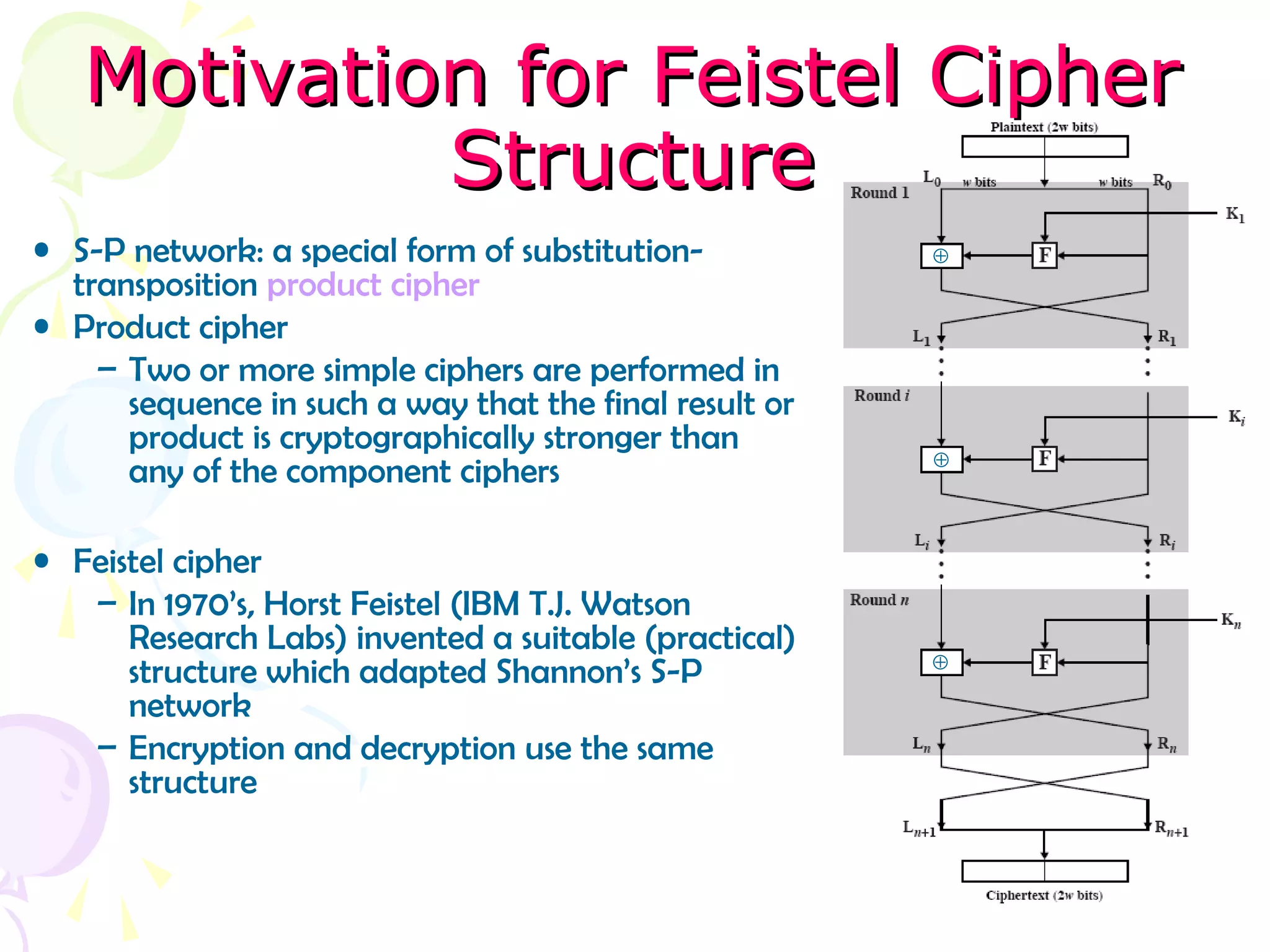 Motivation for Feistel CipherMotivation for Feistel Cipher
StructureStructure
• S-P network: a special form of substitution-
transposition product cipher
• Product cipher
– Two or more simple ciphers are performed in
sequence in such a way that the final result or
product is cryptographically stronger than
any of the component ciphers
• Feistel cipher
– In 1970’s, Horst Feistel (IBM T.J. Watson
Research Labs) invented a suitable (practical)
structure which adapted Shannon’s S-P
network
– Encryption and decryption use the same
structure
⊕
⊕
⊕
 