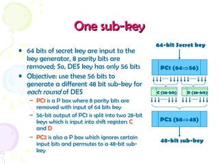 One sub-keyOne sub-key
• 64 bits of secret key are input to the
key generator, 8 parity bits are
removed; So, DES key has only 56 bits
• Objective: use these 56 bits to
generate a different 48 bit sub-key for
each round of DES
– PC1 is a P box where 8 parity bits are
removed with input of 64 bits key
– 56-bit output of PC1 is split into two 28-bit
keys which is input into shift registers C
and D
– PC2 is also a P box which ignores certain
input bits and permutes to a 48-bit sub-
key
PC1 (64⇒56)
64-bit Secret key
C (28-bit) D (28-bit)
PC2 (56⇒48)
48-bit sub-key
 