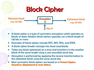 Block CipherBlock Cipher
• A block cipher is a type of symmetric encryption which operates on
blocks of data. Modern block ciphers typically use a block length of
128 bits or more
• Examples of block ciphers include DES, AES, RC6, and IDEA
• A block cipher breaks message into fixed sized blocks
• Takes one block (plaintext) at a time and transform it into another
block of the same length using a user provided secret key
• Decryption is performed by applying the reverse transformation to
the ciphertext block using the same secret key
• Most symmetric block ciphers are based on a Feistel Cipher
Structure (Explained in next slides)
Encryption
E
Encryption
E
Plaintext block
e.g. 64 bits
Ciphertext block
e.g. 64 bits
Key K
 