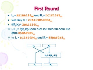 First RoundFirst Round
• L0 = AE1BA189HEX and R0 = DC1F10F4HEX
• Sub-key K1 = 27A169E58DDAHEX
• f(R0,K1)= 2BA1536CHEX
∀ ⇒L0⊕ f(R0,K1)=1000 0101 1011 1010 1111 0010 1110
0101=85BAF2E5HEX
∀ ⇒ L1 = DC1F10F4HEX and R1 = 85BAF2E5HEX
L0 R0
L1 R1
L0⊕ f(R0, K1)
 