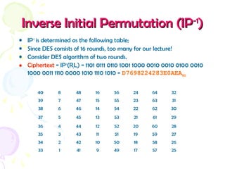 Inverse Initial Permutation (IPInverse Initial Permutation (IP-1-1
))
• IP-1
is determined as the following table;
• Since DES consists of 16 rounds, too many for our lecture!
• Consider DES algorithm of two rounds.
• Ciphertext = IP-1
(R1L1) = 1101 0111 0110 1001 1000 0010 0010 0100 0010
1000 0011 1110 0000 1010 1110 1010 = D7698224283E0AEAHEX
40 8 48 16 56 24 64 32
39 7 47 15 55 23 63 31
38 6 46 14 54 22 62 30
37 5 45 13 53 21 61 29
36 4 44 12 52 20 60 28
35 3 43 11 51 19 59 27
34 2 42 10 50 18 58 26
33 1 41 9 49 17 57 25
 