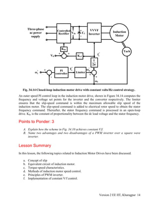 Induction
Motor
VVVF
Inverter
Tach
Controlled
Rectifier
Three-phase
ac power
supply
Cf
Fig. 34.14 Closed-loop induction motor drive with constant volts/Hz control strategy.
Vdc
+
-
PI
controller Limiter
+
+
+
+
+
-
Kvf
Kdc
V0
An outer speed PI control loop in the induction motor drive, shown in Figure 34.14 computes the
frequency and voltage set points for the inverter and the converter respectively. The limiter
ensures that the slip-speed command is within the maximum allowable slip speed of the
induction motor. The slip-speed command is added to electrical rotor speed to obtain the stator
frequency command. Thereafter, the stator frequency command is processed in an open-loop
drive. Kdc is the constant of proportionality between the dc load voltage and the stator frequency.
Points to Ponder: 3
A. Explain how the scheme in Fig. 34.10 achieves constant V/f.
B. Name two advantages and two disadvantages of a PWM inverter over a square wave
inverter.
Lesson Summary
In this lesson, the following topics related to Induction Motor Drives have been discussed.
a. Concept of slip
b. Equivalent circuit of induction motor.
c. Torque-speed characteristics.
d. Methods of induction motor speed control.
e. Principles of PWM inverter.
f. Implementation of constant V/f control.
1
2π
ωr
*
rω
*
slω
*
sf
*
eT
Version 2 EE IIT, Kharagpur 14
 