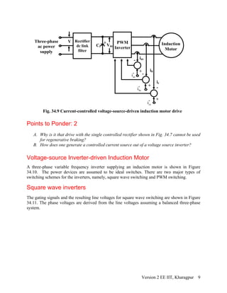 Induction
Motor
PWM
Points to Ponder: 2
A. Why is it that drive with the single controlled rectifier shown in Fig. 34.7 cannot be used
for regenerative braking?
B. How does one generate a controlled current source out of a voltage source inverter?
Voltage-source Inverter-driven Induction Motor
A three-phase variable frequency inverter supplying an induction motor is shown in Figure
34.10. The power devices are assumed to be ideal switches. There are two major types of
switching schemes for the inverters, namely, square wave switching and PWM switching.
Square wave inverters
The gating signals and the resulting line voltages for square wave switching are shown in Figure
34.11. The phase voltages are derived from the line voltages assuming a balanced three-phase
system.
Inverter
Rectifier
dc link
filter
Three-phase
ac power
supply
Cf
Fig. 34.9 Current-controlled voltage-source-driven induction motor drive
V
Vdc
+
+
+
+
-
-
-
ias
ib
ic
asi
∗
bsi
∗
csi
∗
Version 2 EE IIT, Kharagpur 9
 