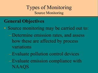 Types of Monitoring
Source Monitoring

General Objectives
• Source monitoring may be carried out to:
– Determine emission rates, and assess
how these are affected by process
variations
– Evaluate pollution control devices
– Evaluate emission compliance with
NAAQS

 