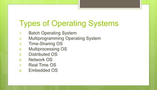 Types of Operating Systems
1. Batch Operating System
2. Multiprogramming Operating System
3. Time-Sharing OS
4. Multiprocessing OS
5. Distributed OS
6. Network OS
7. Real Time OS
8. Embedded OS
 