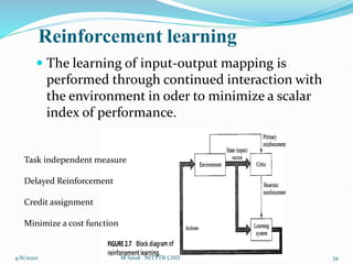 Reinforcement learning
 The learning of input-output mapping is
performed through continued interaction with
the environment in oder to minimize a scalar
index of performance.
Task independent measure
Delayed Reinforcement
Credit assignment
Minimize a cost function
4/8/2020 34
M Sood NITTTR CHD
 