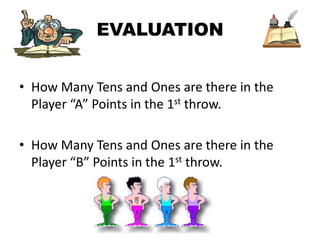 EVALUATION
• How Many Tens and Ones are there in the
Player “A” Points in the 1st throw.
• How Many Tens and Ones are there in the
Player “B” Points in the 1st throw.
 