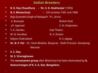  B. K. Roy Chaudhury - 'Dr. S. D. Mukherjee' (1935)
 B. S. Bhatacharji - 125 varieties 1941 and 1968
 Raja Surendra Singh of Nalagarh P.L. Airun;
 S. Banerjee Brahm Dutt
 J.P. Agarwal C. R. Chiplunkar
 Y. K. Hande;; Arpi Thakur
 M. N. Hardikar N. V. Shastri
 Kalyan Chakrabarti R. S. Jagtap
 Dr. B. P. Pal - Dr. Homi Bhabha Banjaran Delhi Princess Kanakangi
'Mechak'
 S. C. Dey
 M. S. Viraraghavan
 The nurserymen group after Bhatcharji has been dominated by G.
Kasturirangan of K. S. G. Son, Bangalore.
.
Indian Breeders
 