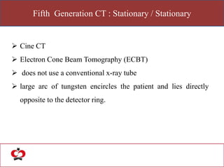 Fifth Generation CT : Stationary / Stationary
 Cine CT
 Electron Cone Beam Tomography (ECBT)
 does not use a conventional x-ray tube
 large arc of tungsten encircles the patient and lies directly
opposite to the detector ring.
 