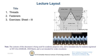 Dr B R Ambedkar National Institute of Technology Jalandhar
Ref.: K.L. Narayana, P. Kannaiah, K. Venketa
Reddy. Machine Drawing. New Age
International Pvt Ltd Publishers, 2009.
Lecture Layout
Title
1. Threads
2. Fasteners
3. Exercises: Sheet – III
2/21/2023 1
Note: The contents of this document is being used for academic purposes only, and is intended only for students registered
in NIT JALANDHAR, 2020 Batch, and is not intended for wider circulation
 