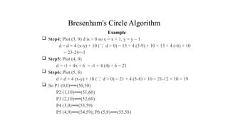 Bresenham's Circle Algorithm
Example
 Step4: Plot (3, 9) d is > 0 so x = x + 1, y = y – 1
d = d + 4 (x-y) + 10 ( d > 0) = 13 + 4 (3-9) + 10 = 13 + 4 (-6) + 10
∵
= 23-24=-1
 Step5: Plot (4, 9)
d = -1 + 4x + 6 = -1 + 4 (4) + 6 = 21
 Step6: Plot (5, 8)
d = d + 4 (x-y) + 10 ( d > 0) = 21 + 4 (5-8) + 10 = 21-12 + 10 = 19
∵
 So P1 (0,0) (50,50)
⟹
P2 (1,10) (51,60)
⟹
P3 (2,10) (52,60)
⟹
P4 (3,9) (53,59)
⟹
P5 (4,9) (54,59); P6 (5,8) (55,58)
⟹ ⟹
.
 