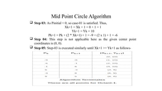 Mid Point Circle Algorithm
 Step 03: As Pinitial < 0, so case-01 is satisfied. Thus,
Xk+1 = Xk + 1 = 0 + 1 = 1
Yk+1 = Yk = 10
Pk+1 = Pk + (2 * Xk+1) + 1 = -9 + (2 x 1) + 1 = -6
 Step 04: This step is not applicable here as the given center point
coordinates is (0, 0).
 Step 05: Step-03 is executed similarly until Xk+1 >= Yk+1 as follows-
.
 