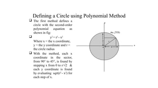 Defining a Circle using Polynomial Method
 The first method defines a
circle with the second-order
polynomial equation as
shown in fig:
 y2
= r2
- x2
Where x = the x coordinate,
y = the y coordinate and r =
the circle radius
 With the method, each x
coordinate in the sector,
from 90° to 45°, is found by
stepping x from 0 to r/√2 &
each y coordinate is found
by evaluating sqrt(r2
- x2
) for
each step of x.
.
 