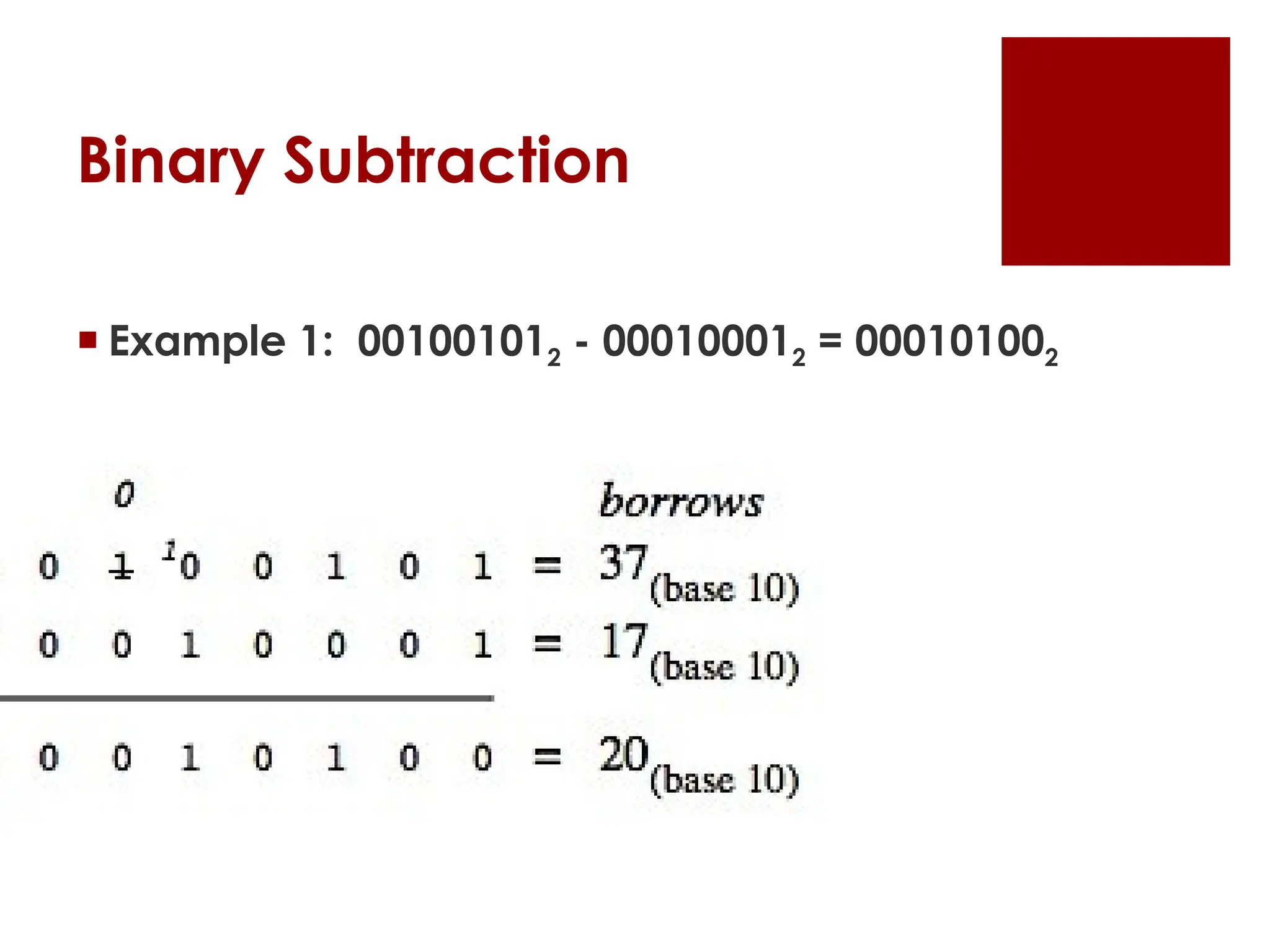 Binary Subtraction
 Example 1: 001001012 - 000100012 = 000101002
 