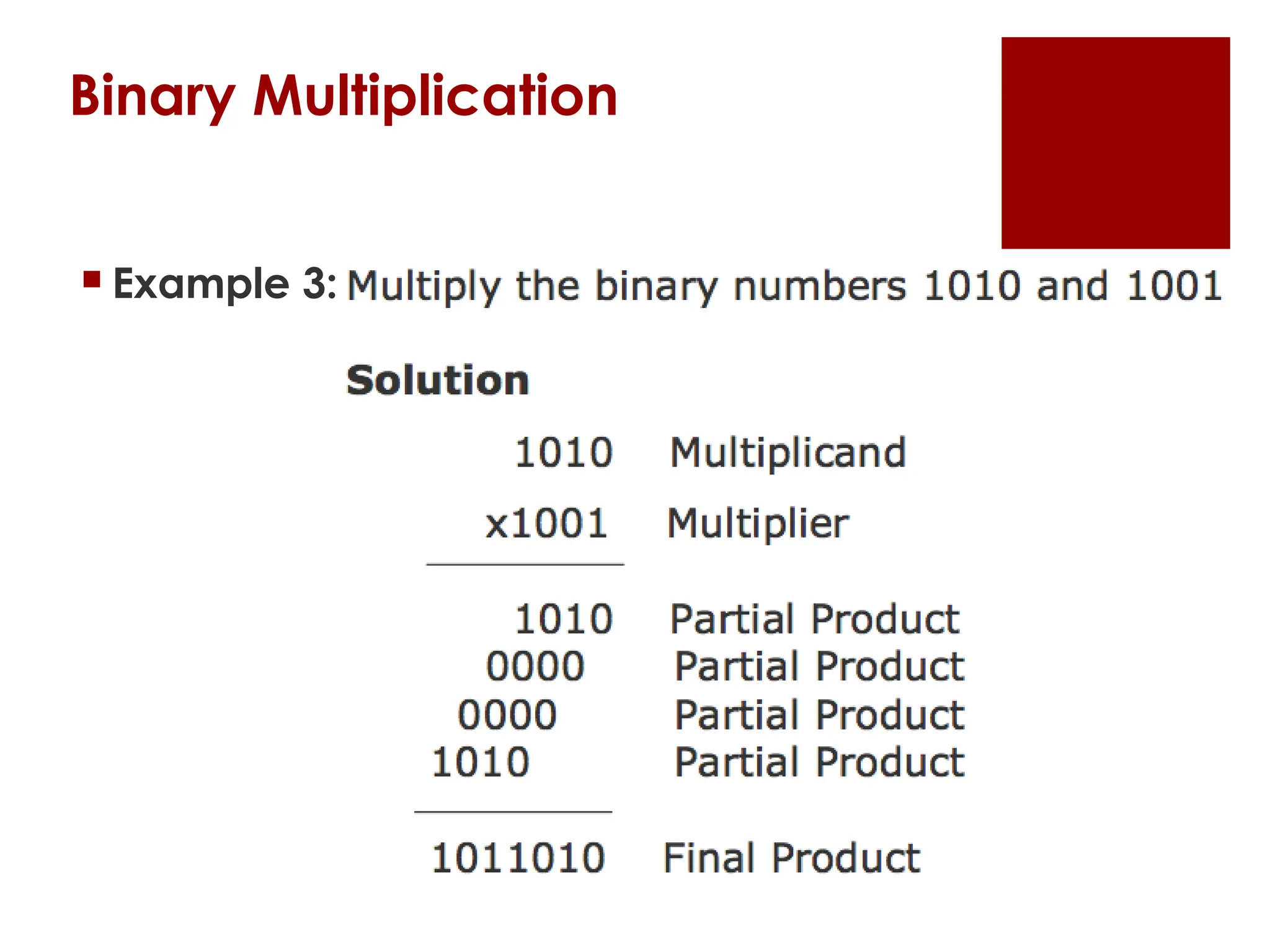 Binary Multiplication
 Example 3:
 