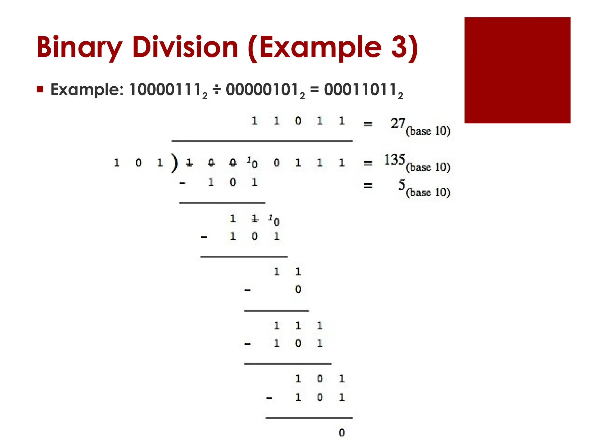  Example: 100001112 ÷ 000001012 = 000110112
Binary Division (Example 3)
 