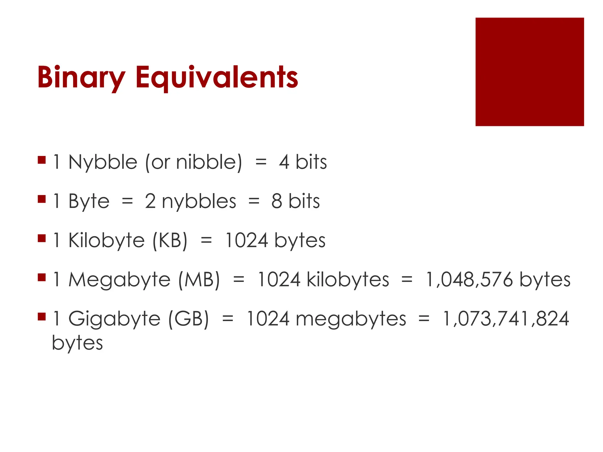 Binary Equivalents
 1 Nybble (or nibble) = 4 bits
 1 Byte = 2 nybbles = 8 bits
 1 Kilobyte (KB) = 1024 bytes
 1 Megabyte (MB) = 1024 kilobytes = 1,048,576 bytes
 1 Gigabyte (GB) = 1024 megabytes = 1,073,741,824
bytes
 
