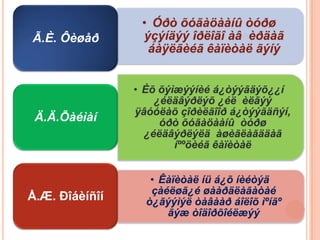 • Óðò õóãàöààíû òóðø
Ã.È. Ôèøåð       ýçýíäýý îðëîãî àâ èðäàã
                  áàÿëãèéã êàïèòàë ãýíý


                • Èõ õýìæýýíèé á¿òýýãäýõ¿¿í
                    ¿éëäâýðëýõ ¿éë èëãýý
                ÿâóóëàõ çîðèëãîîð á¿òýýãäñýí,
 Ä.Ä.Õàéìàí          óðò õóãàöààíû òóðø
                  ¿éëäâýðëýëä àøèãëàãääàã
                        íººöèéã êàïèòàë


                   • Êàïèòàë íü á¿õ íèéòýä
                   çàéëøã¿é øààðäëàãàòàé
Å.Æ. Ðîáèíñîí     ò¿ãýýìýë òàâààð áîëîõ ìºíãº
                      ãýæ òîäîðõîéëæýý
 
