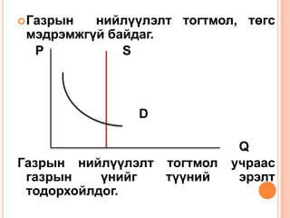  Газрын  нийлүүлэлт тогтмол, төгс
 мэдрэмжгүй байдаг.
  Р           S



               D

                             Q
Газрын нийлүүлэлт тогтмол   учраас
 газрын    үнийг  түүний     эрэлт
 тодорхойлдог.
 