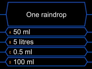 One raindrop
A 50 ml
B 5 litres
C 0.5 ml
D 100 ml
 