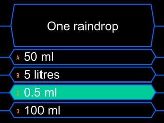 One raindrop
A 50 ml
B 5 litres
C 0.5 ml
D 100 ml
 