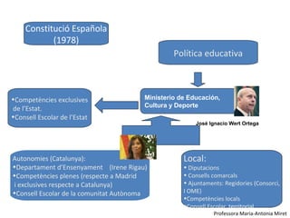 Constitució Española
           (1978)
                                                 Política educativa



•Competències exclusives                Ministerio de Educación,
                                        Cultura y Deporte
de l’Estat.
•Consell Escolar de l’Estat
                                                        José Ignacio Wert Ortega




Autonomies (Catalunya):                             Local:
•Departament d’Ensenyament (Irene Rigau)            • Diputacions
•Competències plenes (respecte a Madrid             • Consells comarcals
i exclusives respecte a Catalunya)                  • Ajuntaments: Regidories (Consorci,
•Consell Escolar de la comunitat Autònoma           I OME)
                                                    •Competències locals
                                                    •Consell Escolar territorial
                                                               Professora Maria-Antonia Miret
 