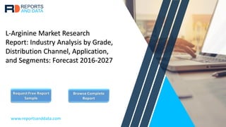 L-Arginine Market Research
Report: Industry Analysis by Grade,
Distribution Channel, Application,
and Segments: Forecast 2016-2027
www.reportsanddata.com
 