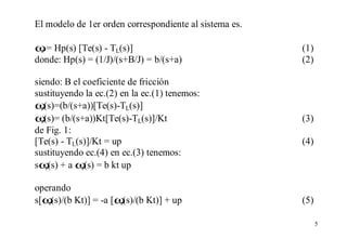 El modelo de 1er orden correspondiente al sistema es.

ω = Hp(s) [Te(s) - TL(s)]
r

donde: Hp(s) = (1/J)/(s+B/J) = b/(s+a)
siendo: B el coeficiente de fricción
sustituyendo la ec.(2) en la ec.(1) tenemos:
ω(s)=(b/(s+a))[Te(s)-TL(s)]
r
ω(s)= (b/(s+a))Kt[Te(s)-TL(s)]/Kt
r
de Fig. 1:
[Te(s) - TL(s)]/Kt = up
sustituyendo ec.(4) en ec.(3) tenemos:
sω(s) + a ω(s) = b kt up
r
r
operando
s[ω(s)/(b Kt)] = -a [ω
r
r(s)/(b Kt)] + up

(1)
(2)

(3)
(4)

(5)
5

 