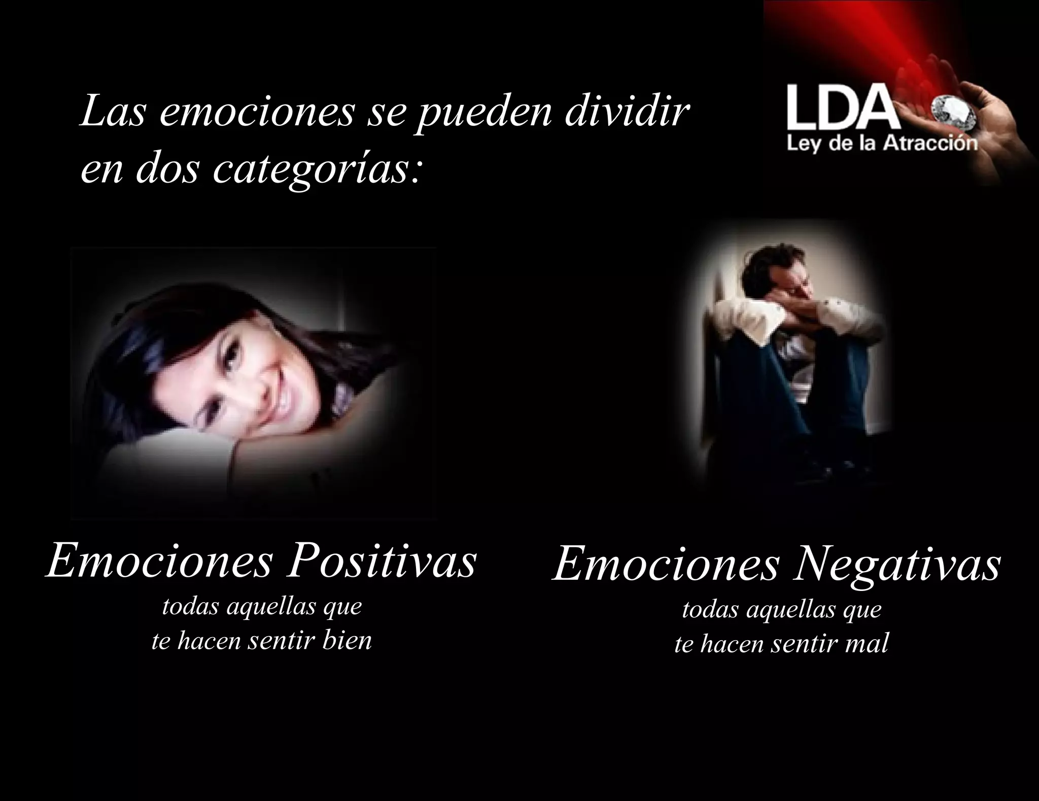 Emociones Positivas todas aquellas que te hacen  sentir bien Emociones Negativas   todas aquellas que te hacen  sentir mal Las emociones se pueden dividir en dos categorías:  